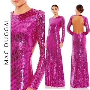 Mac Duggal A10891 Sequined Long Sleeve High Neck Open Back Fuchsia Gown